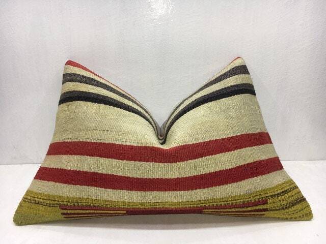 Vintage Kilim Pillow Cover, Striped Turkish Pillow, 16x24 - image 1