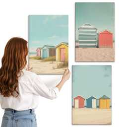 Canvas Wall Art Set Of 3 - Colorful Beach Houses in The Summer Sun, Turquoise Photo Print, Landscapes Hanging Piece - thumbnail 2