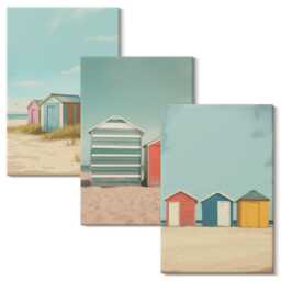 Canvas Wall Art Set Of 3 - Colorful Beach Houses in The Summer Sun, Turquoise Photo Print, Landscapes Hanging Piece