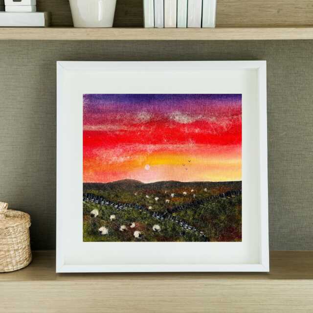 Handmade Textile Landscape Picture, Hills & Fields With Sheep. Lincolnshire Landscape. English Countryside Art - Farmhouse British - image 1