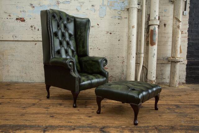 Traditional British Handmade Antique Green Leather Chesterfield High Back Wing Chair & Footstool - image 1