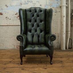 Traditional British Handmade Antique Green Leather Chesterfield High Back Wing Chair & Footstool - thumbnail 2
