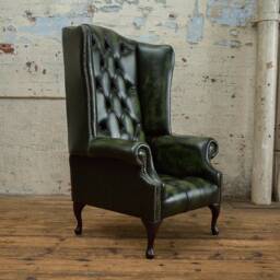 Traditional British Handmade Antique Green Leather Chesterfield High Back Wing Chair & Footstool - thumbnail 3