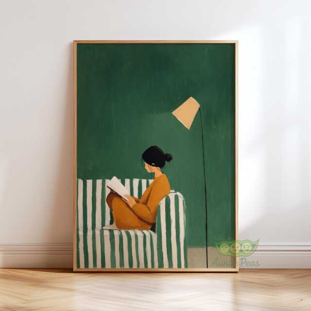 Emerald Green Reading Woman Art Print, Cozy Book Lover Poster, Modern Minimal Wall Art, Contemporary Female Decor, Stylish Home Print - image 1