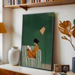Emerald Green Reading Woman Art Print, Cozy Book Lover Poster, Modern Minimal Wall Art, Contemporary Female Decor, Stylish Home Print - thumbnail 2