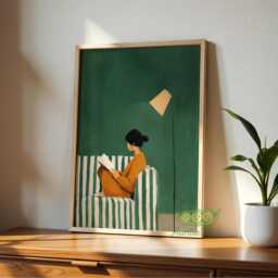 Emerald Green Reading Woman Art Print, Cozy Book Lover Poster, Modern Minimal Wall Art, Contemporary Female Decor, Stylish Home Print - thumbnail 3
