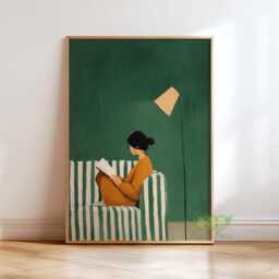 Emerald Green Reading Woman Art Print, Cozy Book Lover Poster, Modern Minimal Wall Art, Contemporary Female Decor, Stylish Home Print - thumbnail 1