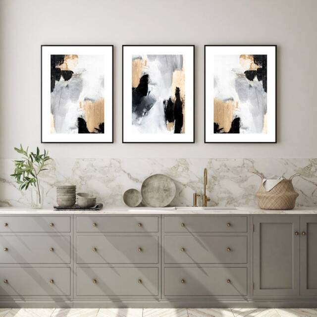 Set Of 3 Black Grey Gold Abstract Canvas Texture Detail Wall Art Print Home Decor Poster, Lounge, Hallway, Bathroom, Kitchen - image 1