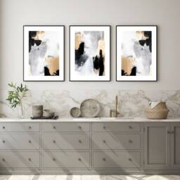 Set Of 3 Black Grey Gold Abstract Canvas Texture Detail Wall Art Print Home Decor Poster, Lounge, Hallway, Bathroom, Kitchen - thumbnail 1