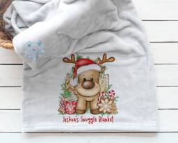 Personalised Reindeer Blanket, Christmas Movie Fleece Eve Night, Snuggle Stocking Filler, Custom Throw - thumbnail 1