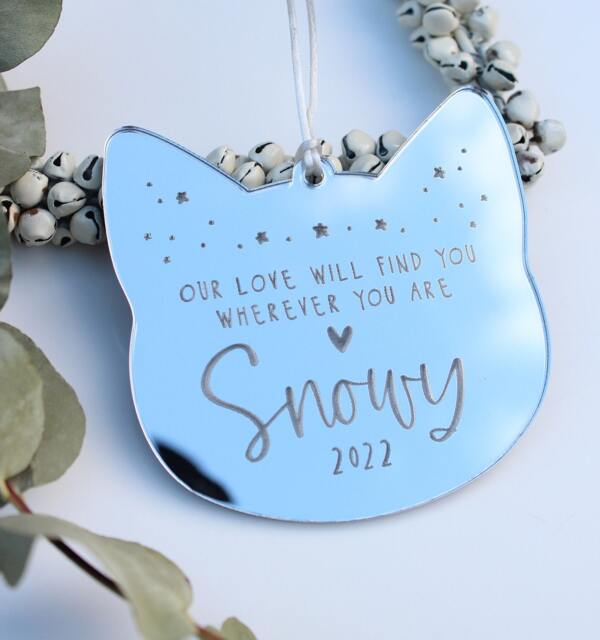 Silver Cat Christmas Memorial Ornament, Personalised Pink Cat Decoration, Loss Gift, Gift For Of Cat, Remembrance - image 1