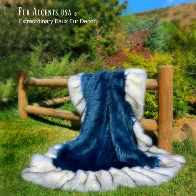 Royal Blue Faux Fur Throw Blanket - Gray Wolf Border, Plush Shag Rug - image 1
