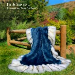 Royal Blue Faux Fur Throw Blanket - Gray Wolf Border, Plush Shag Rug - thumbnail 1