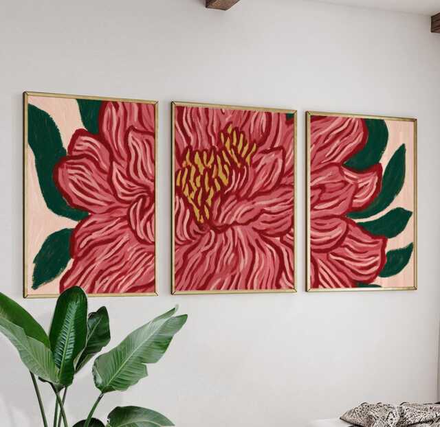 Red Floral Wall Art Posters - Modern Botanical Abstract Set Of 3 - image 1