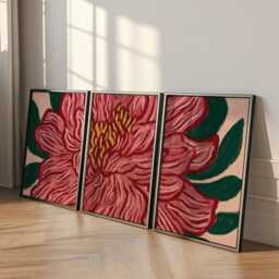 Red Floral Wall Art Posters - Modern Botanical Abstract Set Of 3 - thumbnail 3