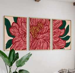 Red Floral Wall Art Posters - Modern Botanical Abstract Set Of 3 - thumbnail 1