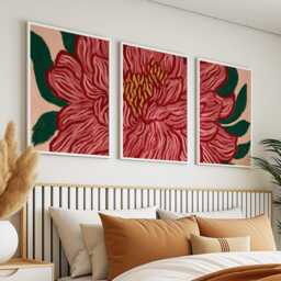 Red Floral Wall Art Posters - Modern Botanical Abstract Set Of 3 - thumbnail 2