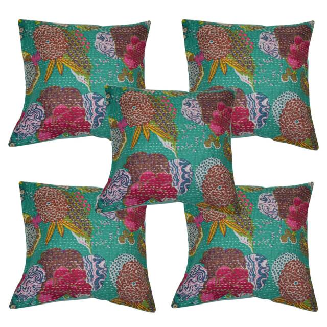 Indian New Handmade Floral Printed Kantha Cushion Cover Cotton Fruit Ethnic Sofa Pillow Cases Set Throw Cover - image 1
