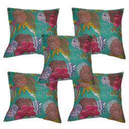 Indian New Handmade Floral Printed Kantha Cushion Cover Cotton Fruit Ethnic Sofa Pillow Cases Set Throw Cover - thumbnail 1