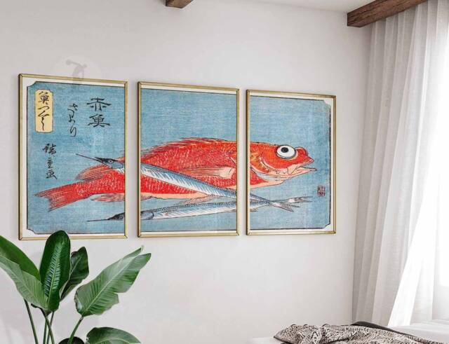 Japanese Set Of 3 Posters, Fish Art, Prints, Katsushika Hokusai Wall Sea Food Print, Decor, Gift - image 1
