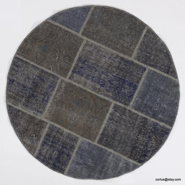Round Faded Blue & Gray Color Handmade Turkish Patchwork Rug, Circular - image 1