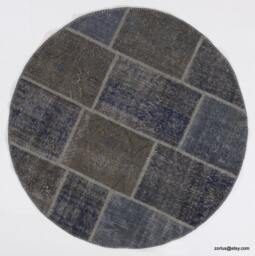 Round Faded Blue & Gray Color Handmade Turkish Patchwork Rug, Circular - thumbnail 1