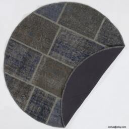 Round Faded Blue & Gray Color Handmade Turkish Patchwork Rug, Circular - thumbnail 2