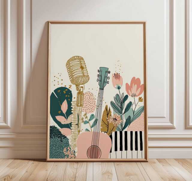 Boho Music Art Print - Floral Guitar Wall Retro Microphone Poster Room Decor Modern Illustration Lover Gift - image 1