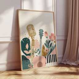 Boho Music Art Print - Floral Guitar Wall Retro Microphone Poster Room Decor Modern Illustration Lover Gift - thumbnail 2