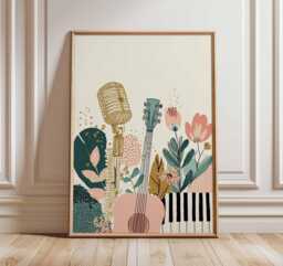 Boho Music Art Print - Floral Guitar Wall Retro Microphone Poster Room Decor Modern Illustration Lover Gift - thumbnail 1