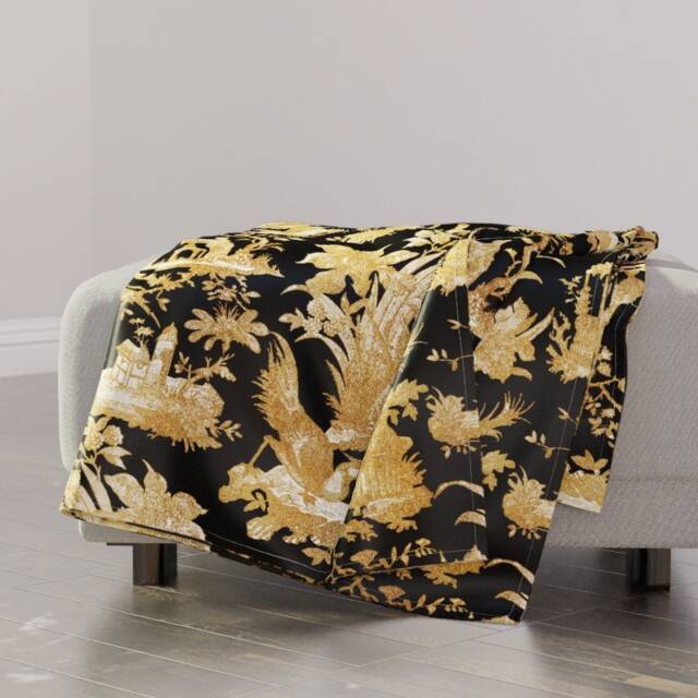 Faux Gold Throw Blanket - Toile Victorian Chinoiserie Asian Inspired On Black By Peacoquettedesigns - image 1