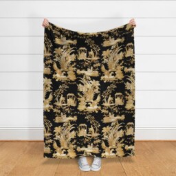 Faux Gold Throw Blanket - Toile Victorian Chinoiserie Asian Inspired On Black By Peacoquettedesigns - thumbnail 3