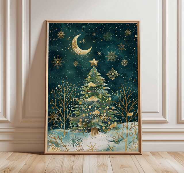 Christmas Tree Poster, Illustration Style Holiday Wall Art, Golden Moon Decor, Snowy Night Festive Print, Elegant Artwork - image 1