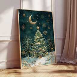 Christmas Tree Poster, Illustration Style Holiday Wall Art, Golden Moon Decor, Snowy Night Festive Print, Elegant Artwork - thumbnail 2