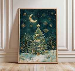 Christmas Tree Poster, Illustration Style Holiday Wall Art, Golden Moon Decor, Snowy Night Festive Print, Elegant Artwork - thumbnail 1