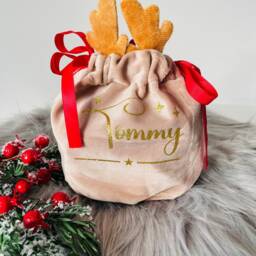 Personalised Christmas Treat Bag, Reindeer Pouch, Gift Small Stocking Filler, Eve Box - thumbnail 4