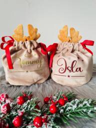 Personalised Christmas Treat Bag, Reindeer Pouch, Gift Small Stocking Filler, Eve Box - thumbnail 1