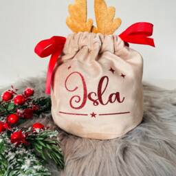 Personalised Christmas Treat Bag, Reindeer Pouch, Gift Small Stocking Filler, Eve Box - thumbnail 2
