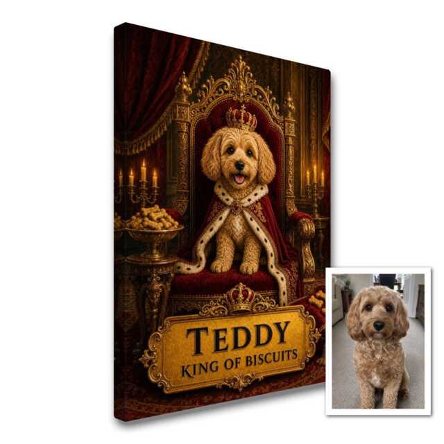 Personalised King Of Biscuits Royal Pet Canvas From Photo, Custom Name Dog Cat Wall Art Gift For Owner Birthday Christmas Decor - image 1