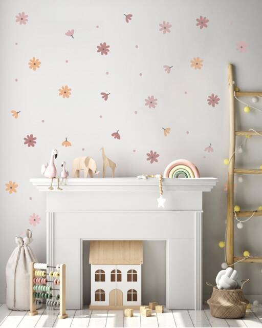 Daisy Flower & Dots Wall Decals For Kids' Bedroom, Nursery, Playroom - PVC-Free, No Odour Reusable Peel Stick Fabric Decal - image 1