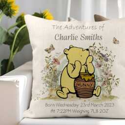 Personalised Pooh Bear Birth Announcement Cushion Cover Nursery Decor - thumbnail 2