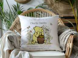 Personalised Pooh Bear Birth Announcement Cushion Cover Nursery Decor - thumbnail 1