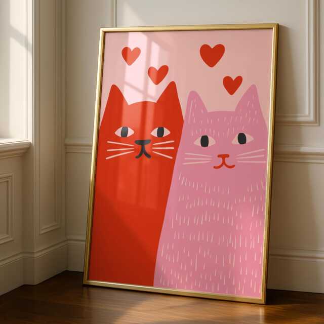 Love Prints - Cat Art Print Pink Gallery Wall Poster Cute - image 1