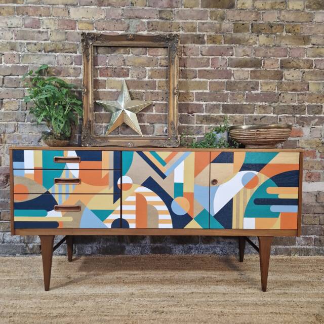 Hand-Painted Geometric Mid-Century Sideboard, Bespoke Credenza - image 1