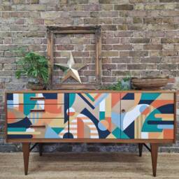 Hand-Painted Geometric Mid-Century Sideboard, Bespoke Credenza - thumbnail 3