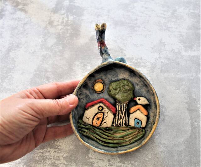 Ceramic Pomegranate Wall Hanging Decor With Miniature Houses Inside, Whimsical Art Object Home From Israel, Judaic - image 1