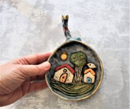 Ceramic Pomegranate Wall Hanging Decor With Miniature Houses Inside, Whimsical Art Object Home From Israel, Judaic - thumbnail 1