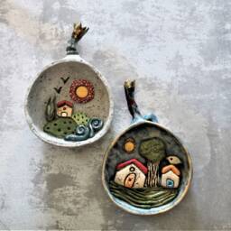 Ceramic Pomegranate Wall Hanging Decor With Miniature Houses Inside, Whimsical Art Object Home From Israel, Judaic - thumbnail 4