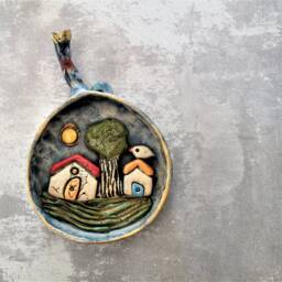 Ceramic Pomegranate Wall Hanging Decor With Miniature Houses Inside, Whimsical Art Object Home From Israel, Judaic - thumbnail 2