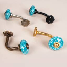 Floral Ceramic Curtain Tie Back Hook Hand-Painted Blue Antique Finish - thumbnail 3